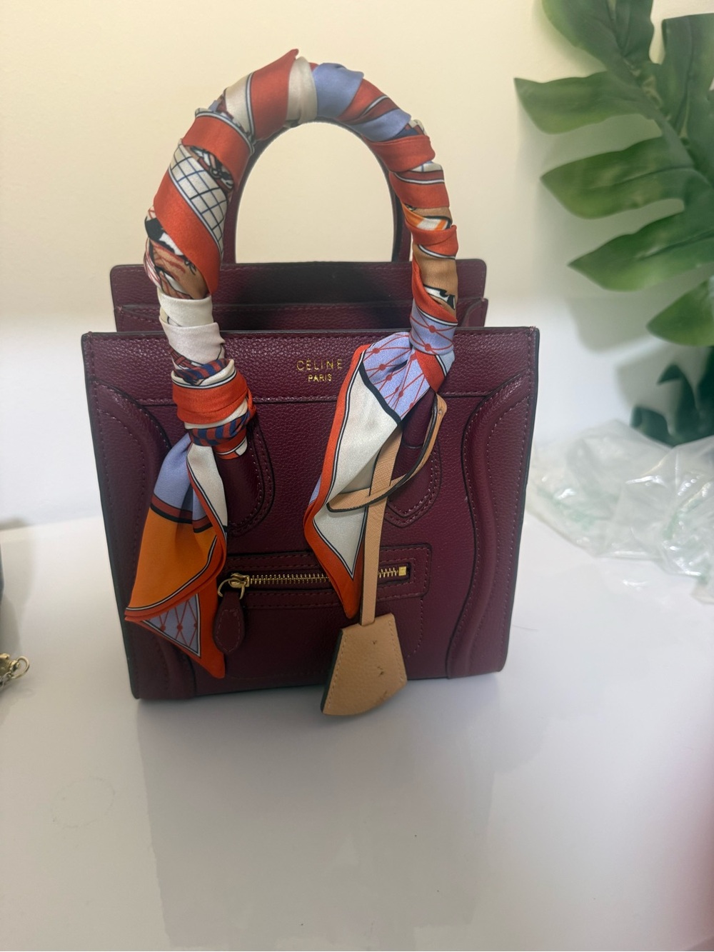 Leather Mini Tote Bag with Orange Scarf-Wrapped Handle